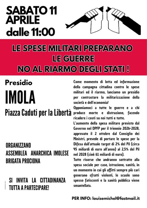 IMOLA - PRESIDIO ANTIMILITARISTA 11 APRILE 2026 - ORE 11:00