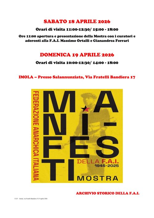 Imola - Mostra Manifesti della F.A.I. 1945-2025 - SABATO 18 APRILE & DOMENICA 19 APRILE 2026