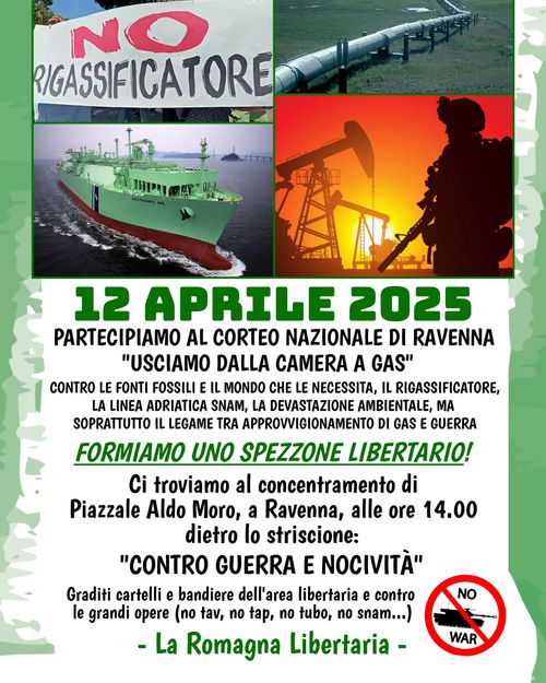 SABATO 12 APRILE FORMIAMO UNO SPEZZONE LIBERTARIO! CI RITROVEREMO DIETRO LO STRISCIONE “CONTRO GUERRA E NOCIVITÀ” al CORTEO NAZIONALE “USCIAMO DALLA CAMERA A GAS”